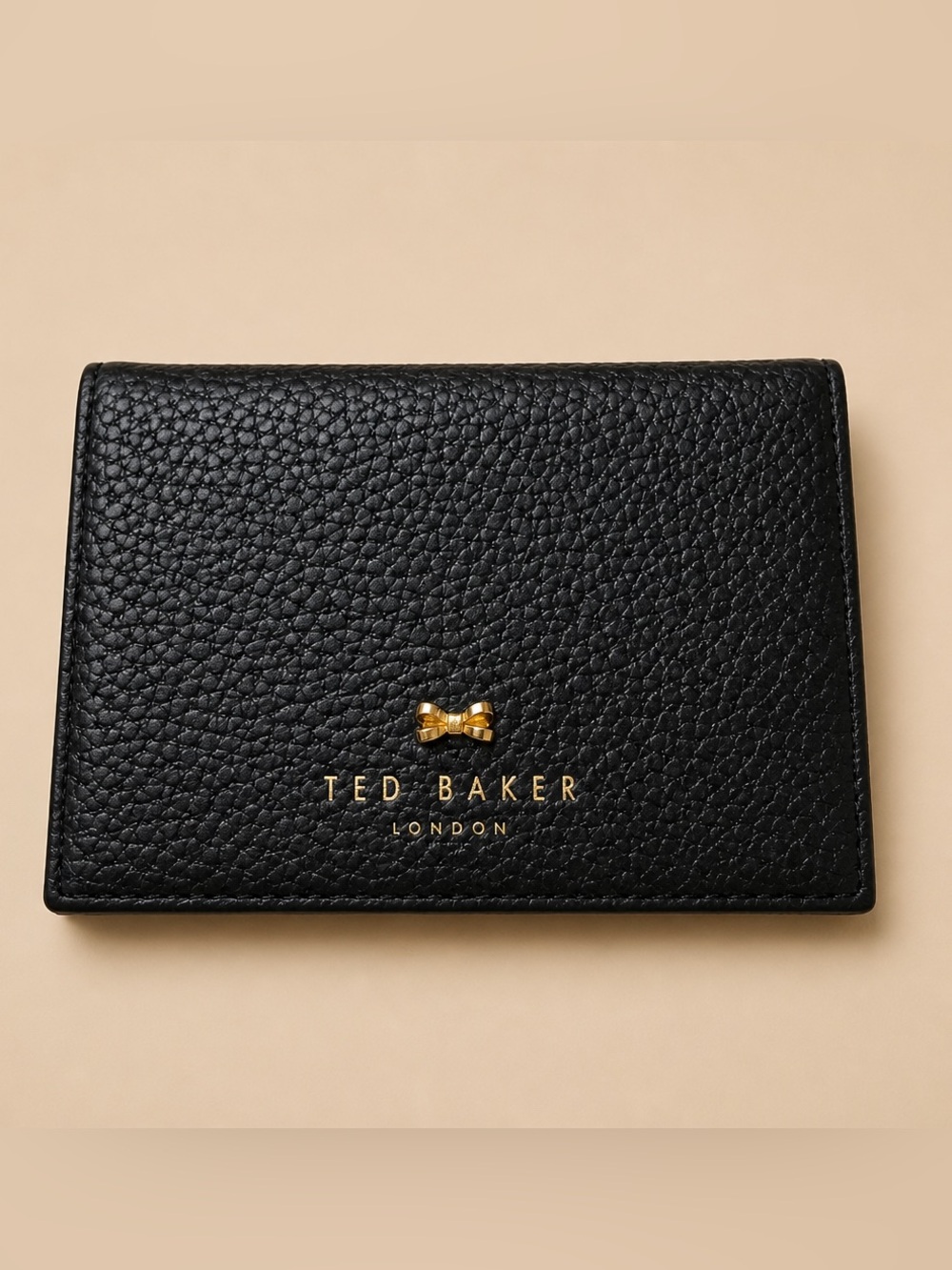 Ted Baker Black Pebbled Leather Card Case with Gold Bow Logo